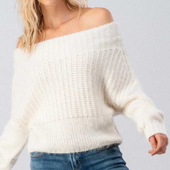 ONLY 1 LEFT! Cream Lizzy Off Shoulder Sweater - Picture 2 of 4